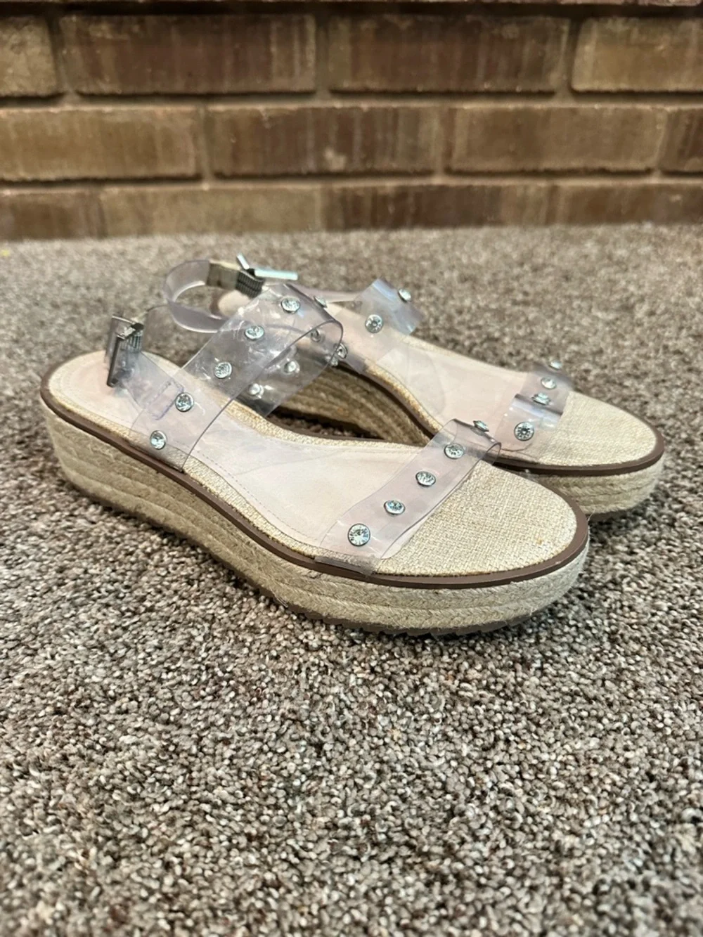 Schutz Clear Rhinestone Studded Espadrille Wedge Sandals 7.5 Boho Chic